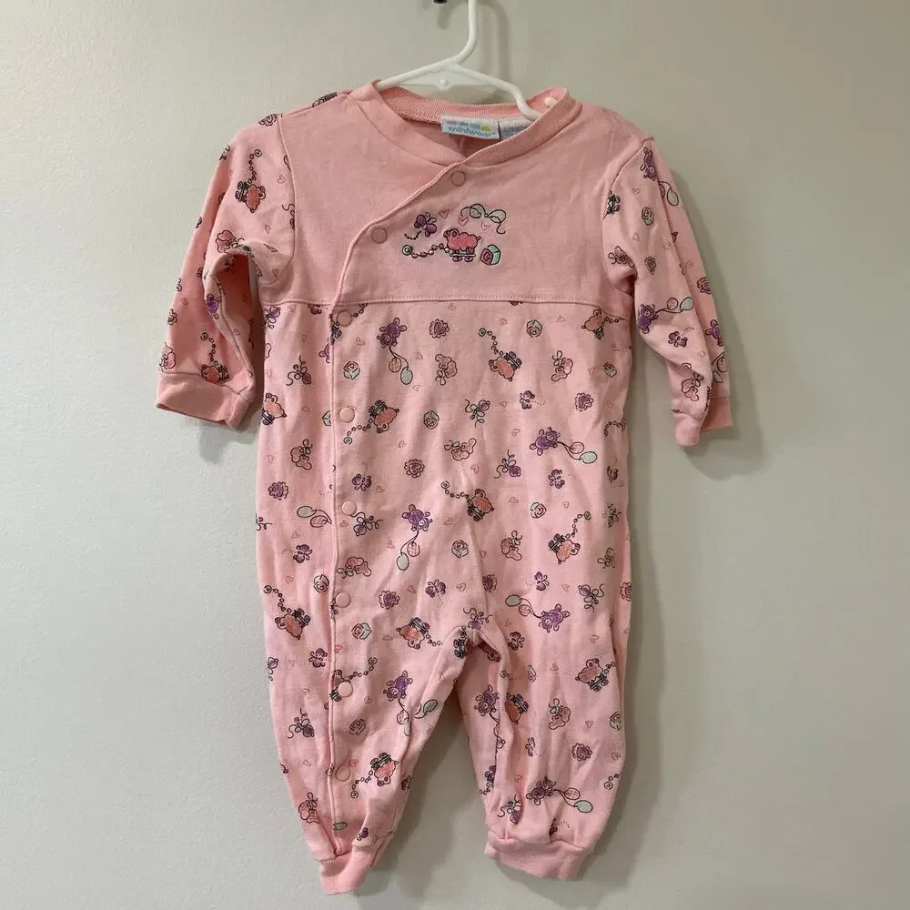 Lot of 2 Miniwear Vintage Baby Girls Sz 12 Months Long Sleeve Rompers Pink Green